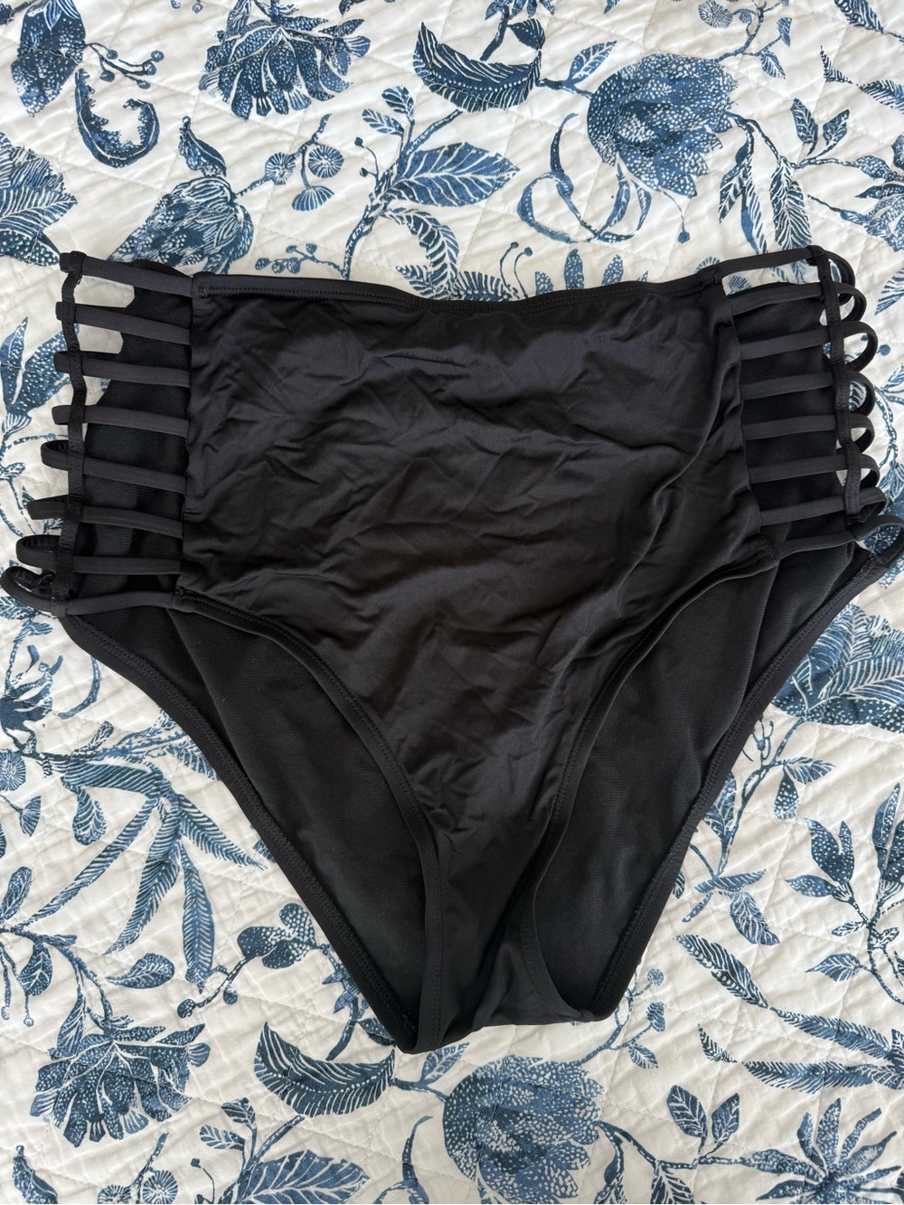 Shade & Shore Black High-Waist Bikini Bottom with Strappy Sides